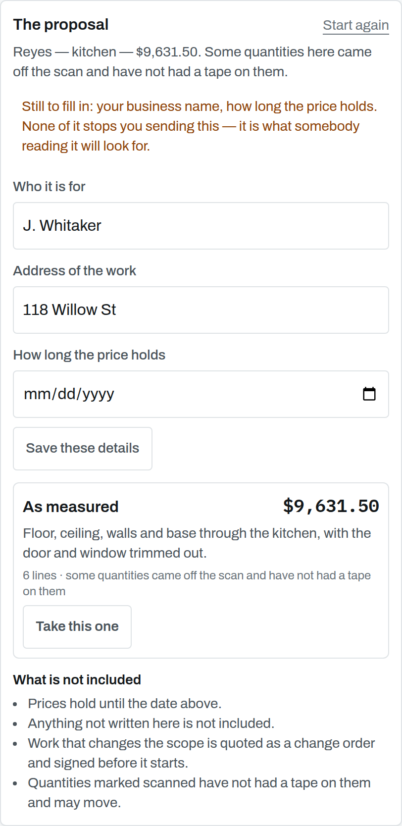 Scope, price, exclusions and a signature line, generated from the same measurements as the takeoff so the two cannot disagree.